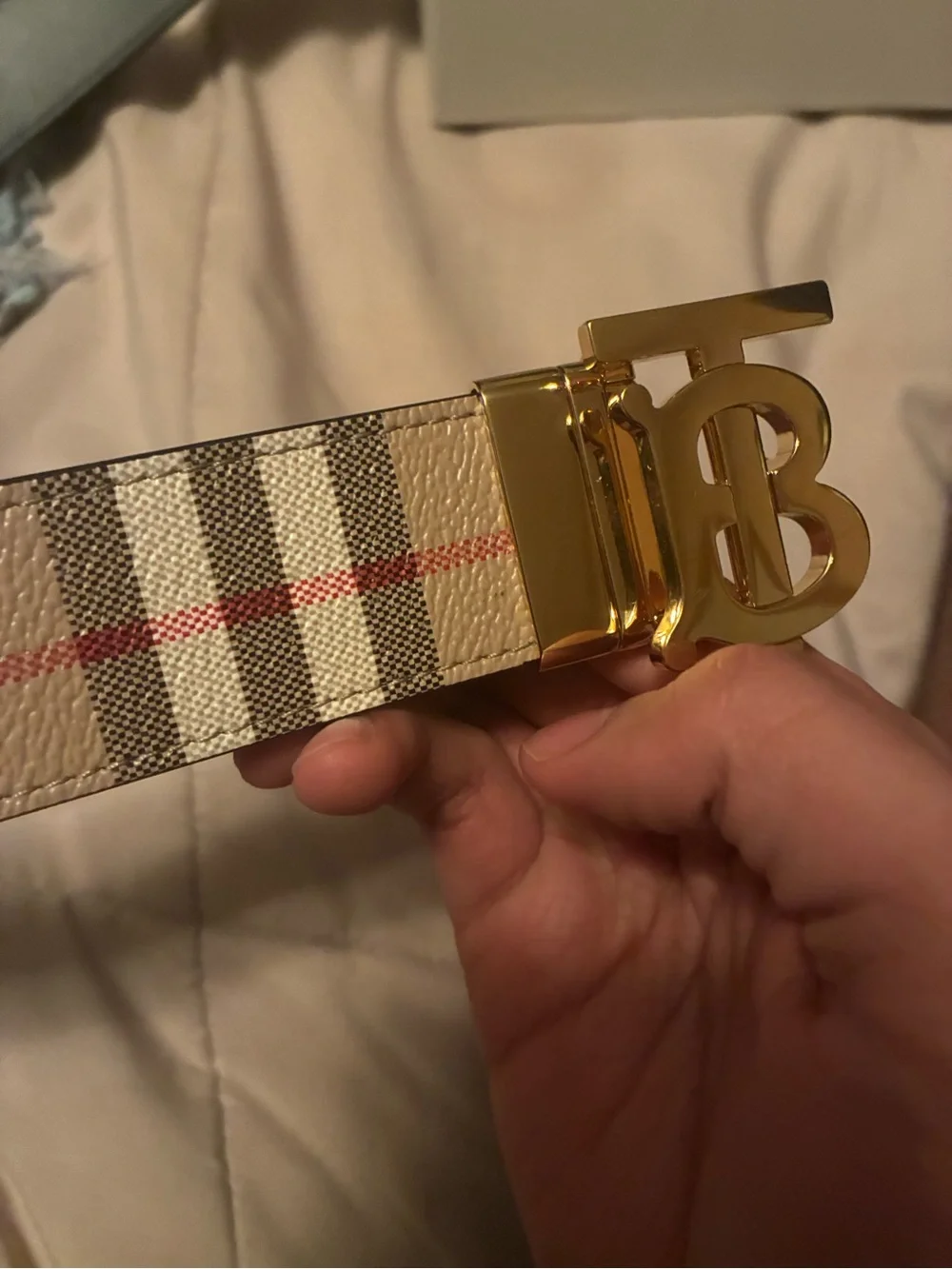 Burberry Beige Check Belt with Gold TB Buckle
